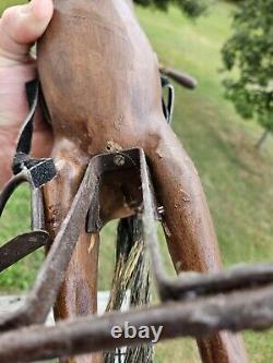 AWESOME Vtg. Wood, Leather Metal Tricycle Hand Carved Horse 23L x 17.5H x 9