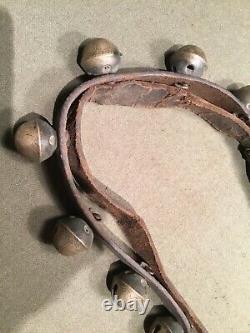 Antique 32 Sleigh Bells On 5 Ft. Leather Strap Jingle Bells Horse Sleigh Bells
