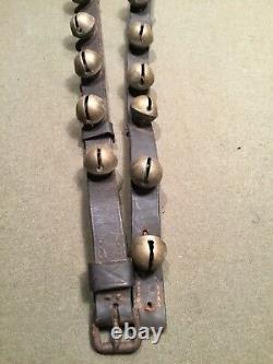 Antique 32 Sleigh Bells On 5 Ft. Leather Strap Jingle Bells Horse Sleigh Bells