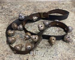Antique Authentic 68 Leather Horse Sliegh Bell Belt With 19 Brass Bells (15e)