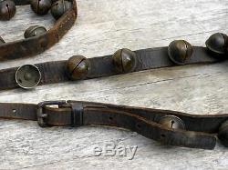 Antique Brass Sleigh Bells Leather Strap withBuckle Horse Carriage Vintage Country