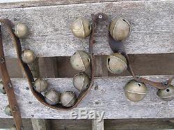 Antique Graduated 26 Brass Sleigh Bells 96 Leather Belt Horse Farm Vintage
