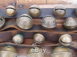 Antique Graduated 26 Brass Sleigh Bells 96 Leather Belt Horse Farm Vintage