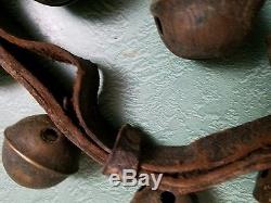 Antique Graduated Horse Sleigh Bells Vintage Brass & Original Leather Strap