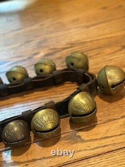 Antique Horse Sleigh Bells Double Leather strap Brass 29 Bells Graduated 7.5