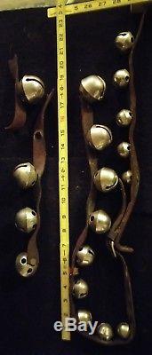 Antique VTG 1800s Era 21 Brass Buckle Horse Sleigh Bells Xmas Leather lot