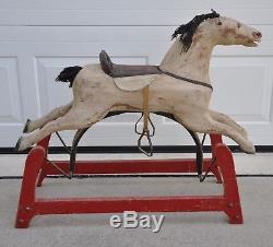 Antique Victorian Wooden Rocking Horse leather seat and ears vintage