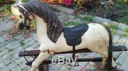 Antique Vintage Carved Rocking Horse Glider, Leather Saddle, Horse Hair Tail