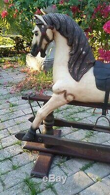 Antique Vintage Carved Rocking Horse Glider, Leather Saddle, Horse Hair Tail