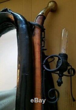Antique Vintage English Leather, Brass & Black Iron Horse Collar & Mirror, Lights