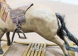Antique Vintage Hand Carved Wooden Rocking Horse-Original Leather Saddle & Tail