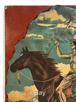 Antique Vintage Native American Indian Chief On Horse Oil Painting On Leather