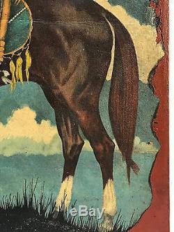 Antique Vintage Native American Indian Chief On Horse Oil Painting On Leather