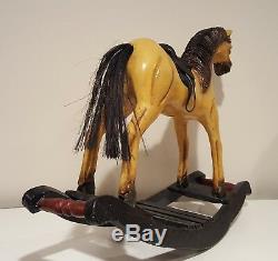 Antique Vintage Rocking Horse Carved Wood Leather Saddle Horse Hair Tail Toy