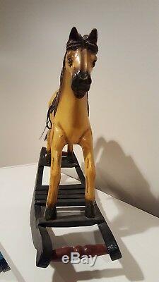 Antique Vintage Rocking Horse Carved Wood Leather Saddle Horse Hair Tail Toy