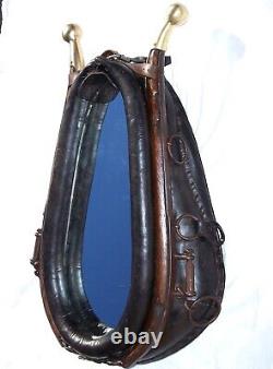 Antique Vintage Rustic Leather Horse Collar Mirror Brass Ball Wood Hames Nice