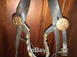 Antique Vintage US CAVALRY Horse BRIDLE Army Rosettes Medallion Leather