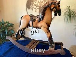 Antique / Vintage Wooden Rocking Horse, Leather Saddle, Real Horse hair tail