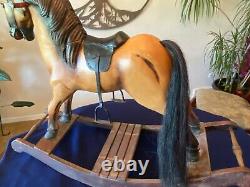 Antique / Vintage Wooden Rocking Horse, Leather Saddle, Real Horse hair tail