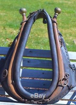 Antique Vtg Horse Collar Draft Harness Yoke Leather with Wooden Hames Brass Knobs