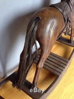Antique Vtg rocking horse Carved Wood Leather Saddle Cast Iron stirrup Hair Tail