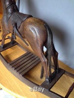 Antique Vtg rocking horse Carved Wood Leather Saddle Cast Iron stirrup Hair Tail