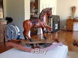 Antique Wood Carved Rocking Horse, Leather Saddle, Glass Eyes
