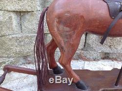 Antique rocking horse 1930s Vintage Wooden Leather Real Hair Brass Stirrups Toy