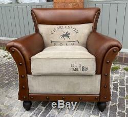 Armchair Brown Leather & Canvas Polo Horse Vintage Retro Club style