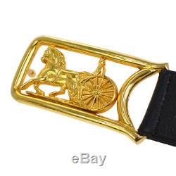 Auth CELINE Horse Carriage Buckle Belt Black Gold Leather Vintage Italy AK25224