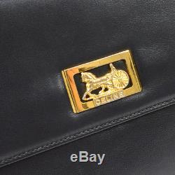 Auth CELINE Horse Carriage Clutch Hand Bag Black Leather Vintage Italy F02243