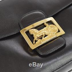 Auth CELINE Horse Carriage Cross Body Shoulder Bag Black Leather Vintage B31531