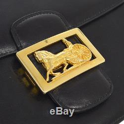 Auth CELINE Horse Carriage Cross Body Shoulder Bag Black Leather Vintage BT12574