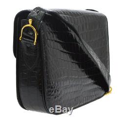 Auth CELINE Horse Carriage Shoulder Bag Black Crocodile Leather Vintage RK13830