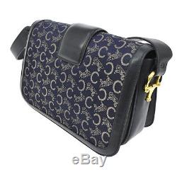 Auth CELINE Horse Carriage Shoulder Bag Navy Canvas Leather Vintage Italy A20180
