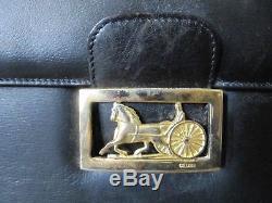 Auth CELINE Horse Carriage Shoulder Bag Portfolio Black Gold Leather Vintage