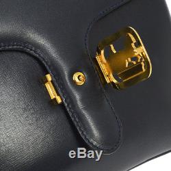 Auth CELINE Logos Horse Carriage Hand Bag Navy Leather Vintage Italy YG01853