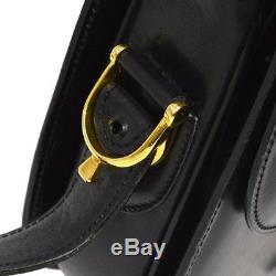 Auth CELINE Logos Horse Carriage Shoulder Bag Black Leather Vintage Italy G03360