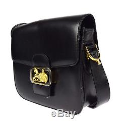 Auth CELINE Logos Horse Carriage Shoulder Bag Leather Black Italy Vintage 62J631
