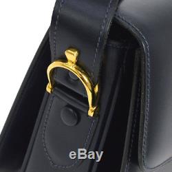 Auth CELINE Logos Horse Carriage Shoulder Bag Navy Leather Vintage Italy RK13670