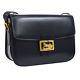 Auth CELINE Logos Horse Carriage Shoulder Bag Navy Leather Vintage Italy S08392