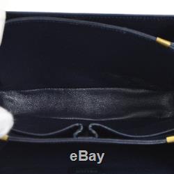 Auth CELINE Logos Horse Carriage Shoulder Bag Navy Leather Vintage Italy S08392