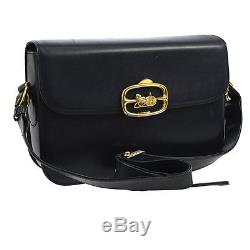 Auth CELINE Logos Horse Carriage Shoulder Bag Navy Leather Vintage Italy YG01116