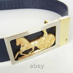 Auth CELINE Vintage Logos Horse Carriage Buckle Leather Belt Dark Navy 16374b