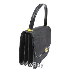 Auth COMTESSE Logos Hand Bag Navy Horse Hair Leather Vintage Germany AK05437