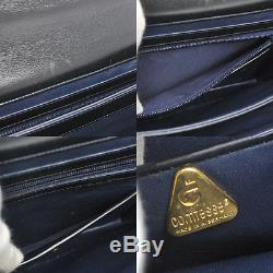 Auth COMTESSE Logos Hand Bag Navy Horse Hair Leather Vintage Germany AK05437