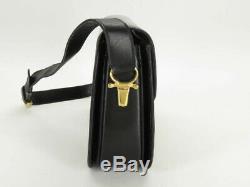 Auth Celine Vintage Black Leather Horse Carriage Horse Bit Shoulder Bag Ey631