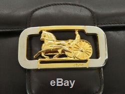 Auth Celine Vintage Horse Carriage Brown Leather Shoulder Bag Ey152
