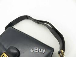 Auth Celine Vintage Horse Carriage Navy Leather Shoulder Bag Ey365