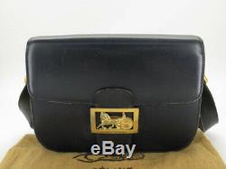 Auth Celine Vintage Horse Carriage Navy Leather Shoulder Bag Ey612